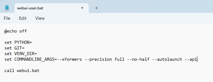 在set COMMANDLINE_ARGS= 一项加入--api 参数，原有的参数应保留。 储存并关闭档案即可。